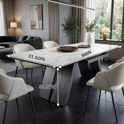 56"-88"Contemporary White Marble Dining Table with Matte Black Metal Base