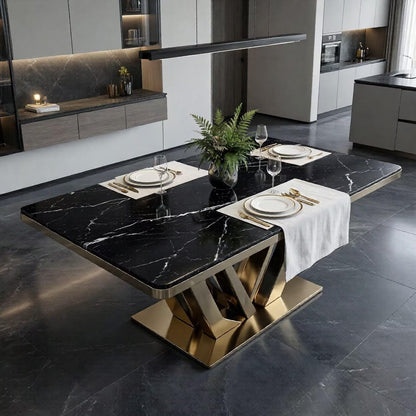 56"-96"Modern Luxury Dining Table, Black Marble Top with Gold Geometric Base for 6-8