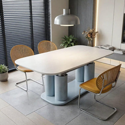 56"-96"Contemporary Artistic Dining Table, Rounded White Top with Unique Light Blue Column Base