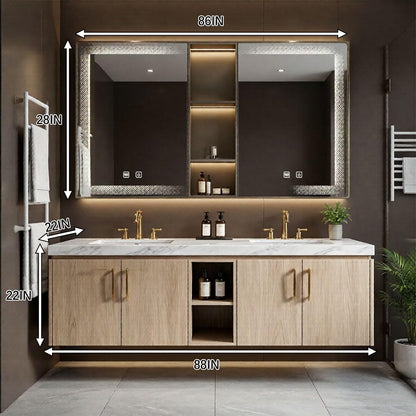 60"-96"Modern Light Wood Floating Vanity with Double Sinks & LED Lighted Mirror Cabinet