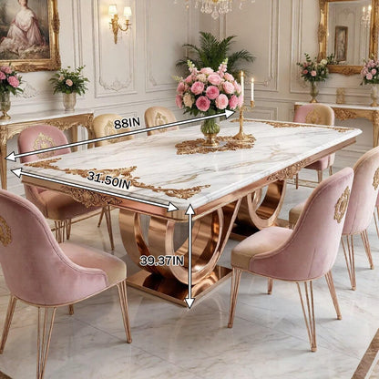 56"-88"Ornate Rectangular Marble Dining Table with Gold Accents & Rose Gold Base
