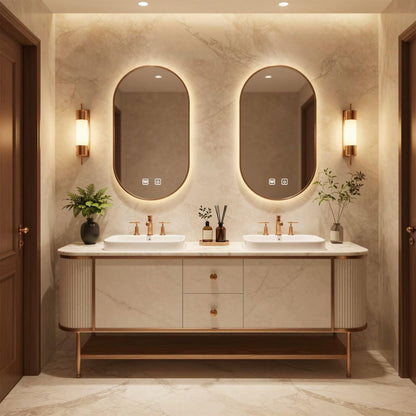 60"-96"Modern Luxury Bathroom Vanity, Double Sink with Marble Top & Gold Accents