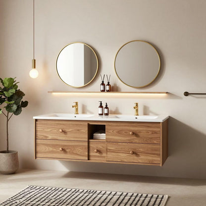 60"-96"Modern Floating Double Sink Bathroom Vanity with Storage Drawers, Oak Finish