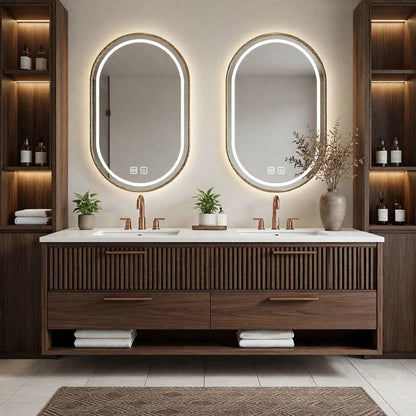 60"-96"Walnut Fluted Bathroom Vanity with Double Sinks & LED Gold Oval Mirrors