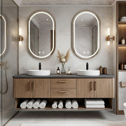 60”-96”Oak Floating Double Sink Vanity with LED Oval Mirrors & Open Storage