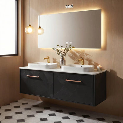 60”-96”Floating Black Bathroom Vanity with Double Sinks, Marble Top & LED Mirror