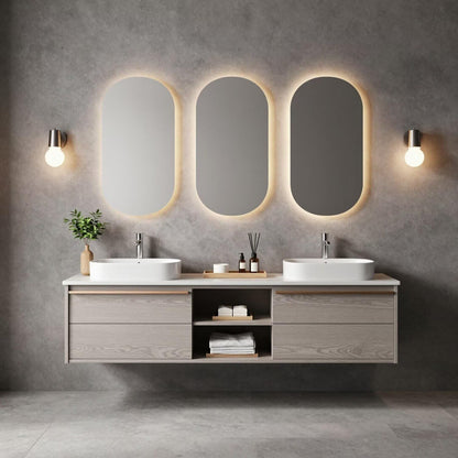 60"-96"Light Wood Floating Bathroom Vanity with Double Sinks & LED Oval Mirrors