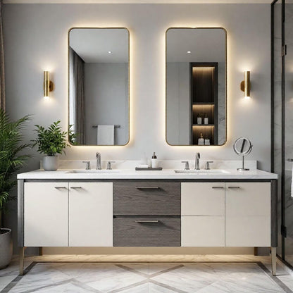 60"-96"Modern Two-Tone Bathroom Vanity with Double Sinks & Marble Top, Gold Accents