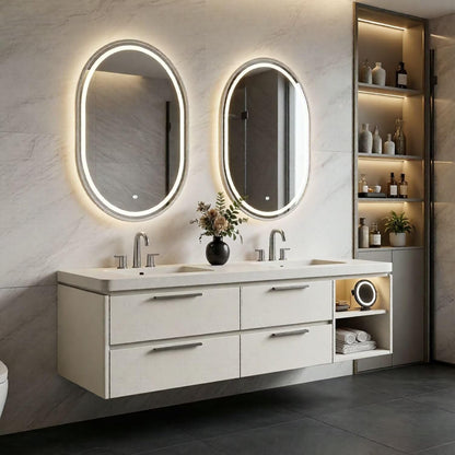 60"-96"Cream Bathroom Vanity with Double Sinks, LED Mirrors & Open Side Shelf