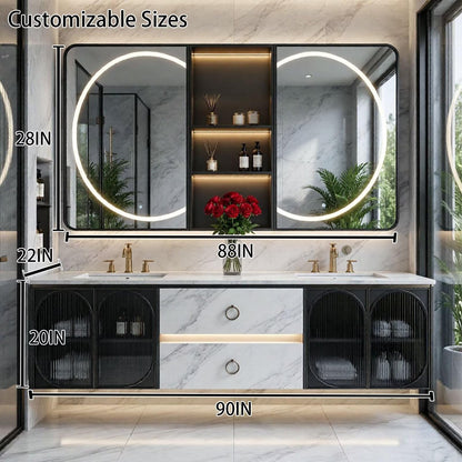60"-96"Marble Floating Bathroom Vanity with LED Mirrors & Black Fluted Glass Doors