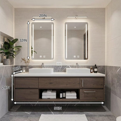 60”-96” Modern Dark Wood Vanity with Double Basins, Storage Drawers & LED Wall Mirrors