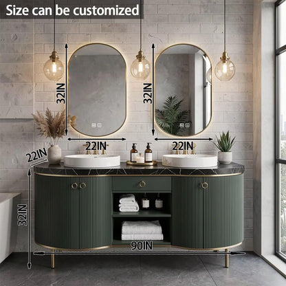 60"-96"Freestanding Green Bathroom Vanity with Double Vessel Sinks & LED Mirrors