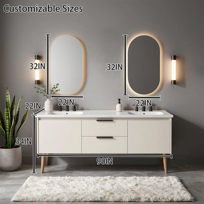 60"-96"White Mid-Century Bathroom Vanity with Double Sinks & LED Oval Mirrors