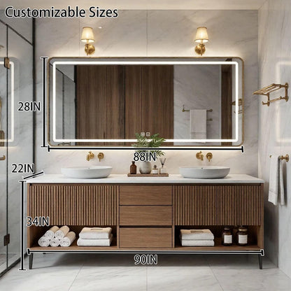 60"-96"Wood Fluted Bathroom Vanity with Double Vessel Sinks & LED Lighted Mirror