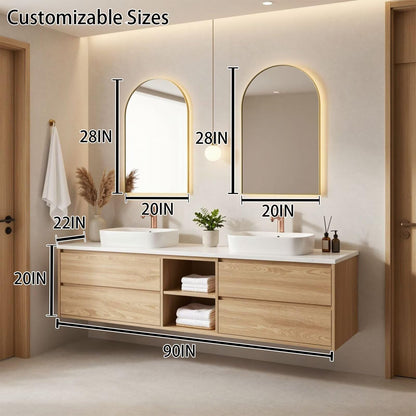 60"-96"Modern Wall-Mounted Bathroom Vanity with Open Shelves & Rose Gold Hardware