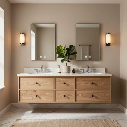 60"-96"Floating Oak Double Bathroom Vanity with Marble Countertop & 6 Drawer Storage