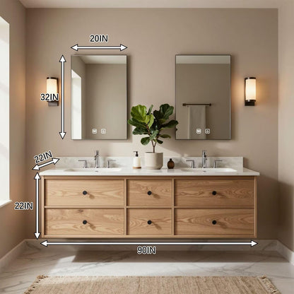 60"-96"Floating Oak Double Bathroom Vanity with Marble Countertop & 6 Drawer Storage