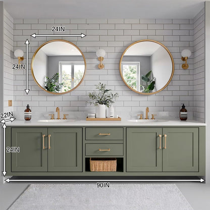 60"-96"Contemporary Sage Green Vanity with Gold Trim, Drawers & Open Shelf