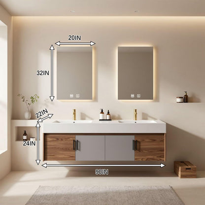 60"-96"Modern Floating Bathroom Vanity with Double Sinks, Two-Tone Cabinet & LED Backlit Mirrors
