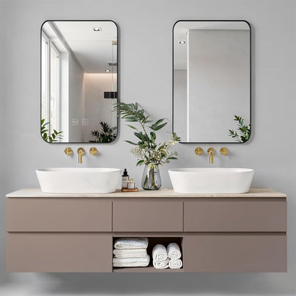60"-96"Modern Taupe Bathroom Vanity with Open Shelf, Double Sinks & Gold Hardware