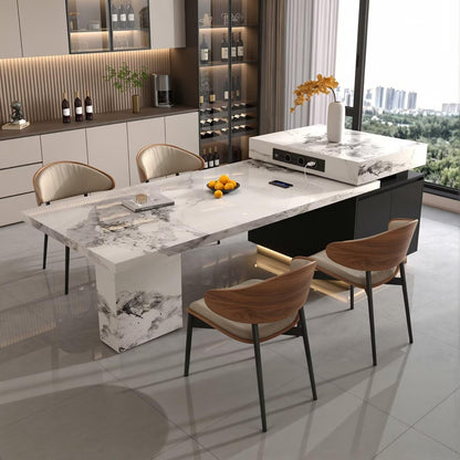 80“-96”Luxury White Marble Kitchen Island with Dining Table & Built-in Charging Station