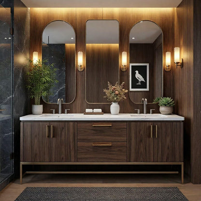 60"-96"Modern Dark Wood Bathroom Vanity with Double Sinks & Arched Mirrors