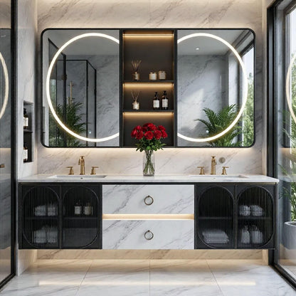 60"-96"Marble Floating Bathroom Vanity with LED Mirrors & Black Fluted Glass Doors