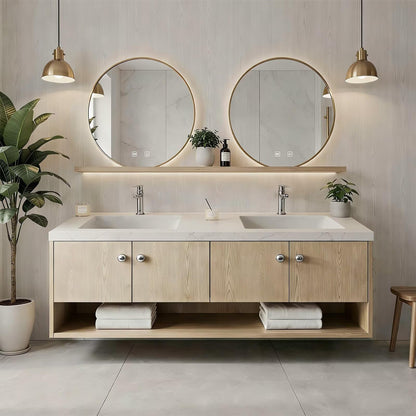 60"-96"Light Oak Floating Bathroom Vanity with Double Sinks & LED Mirrors