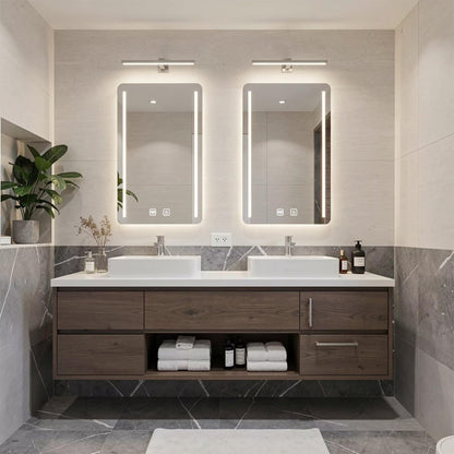 60”-96” Modern Dark Wood Vanity with Double Basins, Storage Drawers & LED Wall Mirrors