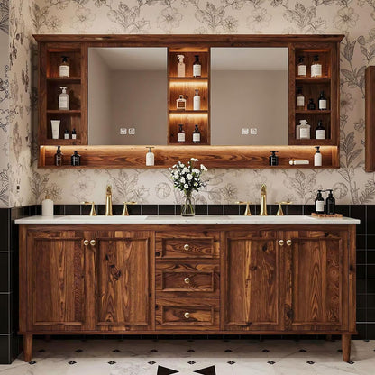 60”-96” Double Sink Freestanding Bathroom Vanity with LED Mirror Cabinet, Solid Wood Vanity with Storage Drawers & Doors