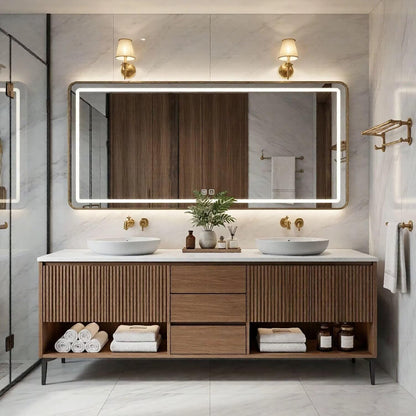 60"-96"Wood Fluted Bathroom Vanity with Double Vessel Sinks & LED Lighted Mirror