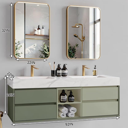 60"-96"Modern Sage Green Bathroom Vanity with Marble Top & Gold LED Mirrors