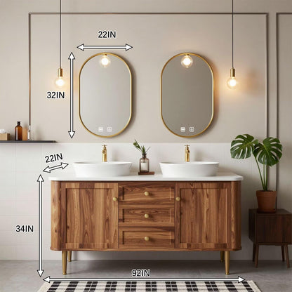 60"-96"Wood Freestanding Double Bathroom Vanity with White Top & Gold Oval LED Mirrors