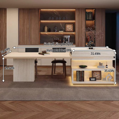 80"-96"Travertine Kitchen Island with Integrated Dining Table & Open Storage Shelves