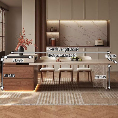 80“-96”Modern Stone Kitchen Island with Integrated Dining Table & Wooden Storage Drawers