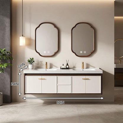 60"-96"Floating Double Bathroom Vanity with White Ribbed Doors & Arched LED Mirrors