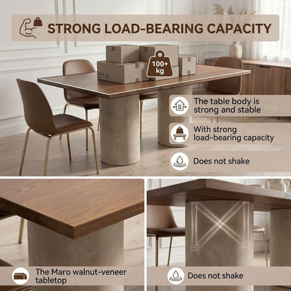 56"-96"Walnut Wood Dining Table with Concrete Base, Modern Rectangular Kitchen Table