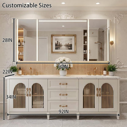 60"-96"Modern Farmhouse Bathroom Vanity, Light Wood Cabinet with Drawers & Arched Openings