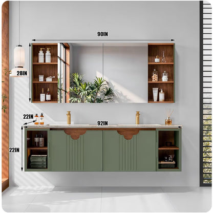 60"-96"Sage Green Floating Bathroom Vanity with Double Sinks & Matching Medicine Cabinet