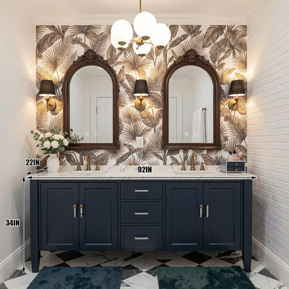 60”-96”Navy Blue Double Sink Bathroom Vanity with Marble Top & Arched Mirrors