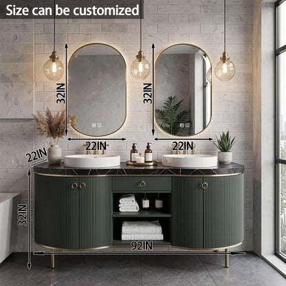 60"-96"Freestanding Green Bathroom Vanity with Double Vessel Sinks & LED Mirrors