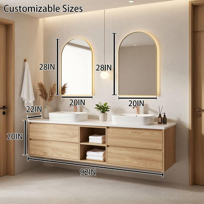 60"-96"Modern Wall-Mounted Bathroom Vanity with Open Shelves & Rose Gold Hardware