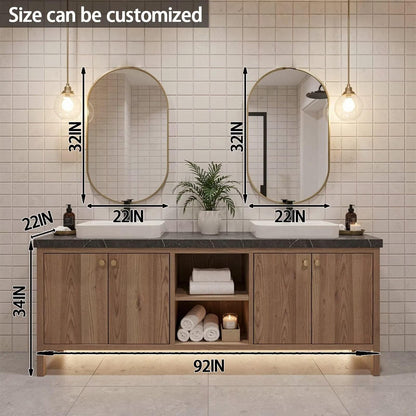 60"-96"Rustic Oak Bathroom Vanity Set with Marble Top & Gold Mirrors