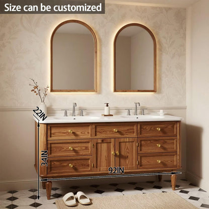 60"-96"Vintage Style Double Sink Bathroom Vanity with Gold Knobs & Storage Cabinet