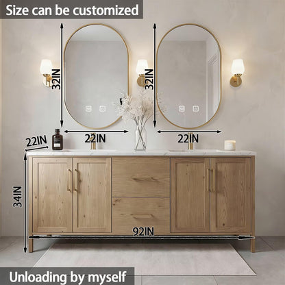 64”-96”Double Sink Freestanding Bathroom Vanity with Gold Oval Mirrors, Light Oak Cabinet