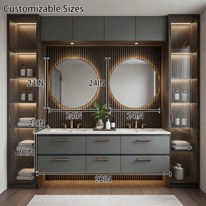 60"-96"Modern Bathroom Vanity Set, Dark Grey Cabinet with LED Display Shelves