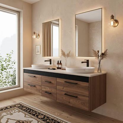 60"-96"Modern Wood Vanity with Black Fluted Trim & 6 Drawer Storage