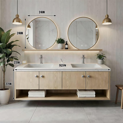 60"-96"Light Oak Floating Bathroom Vanity with Double Sinks & LED Mirrors