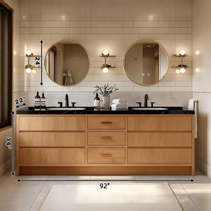 60"-96"Modern Light Oak Double Sink Bathroom Vanity with Black Stone Countertop