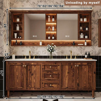 60”-96” Double Sink Freestanding Bathroom Vanity with LED Mirror Cabinet, Solid Wood Vanity with Storage Drawers & Doors